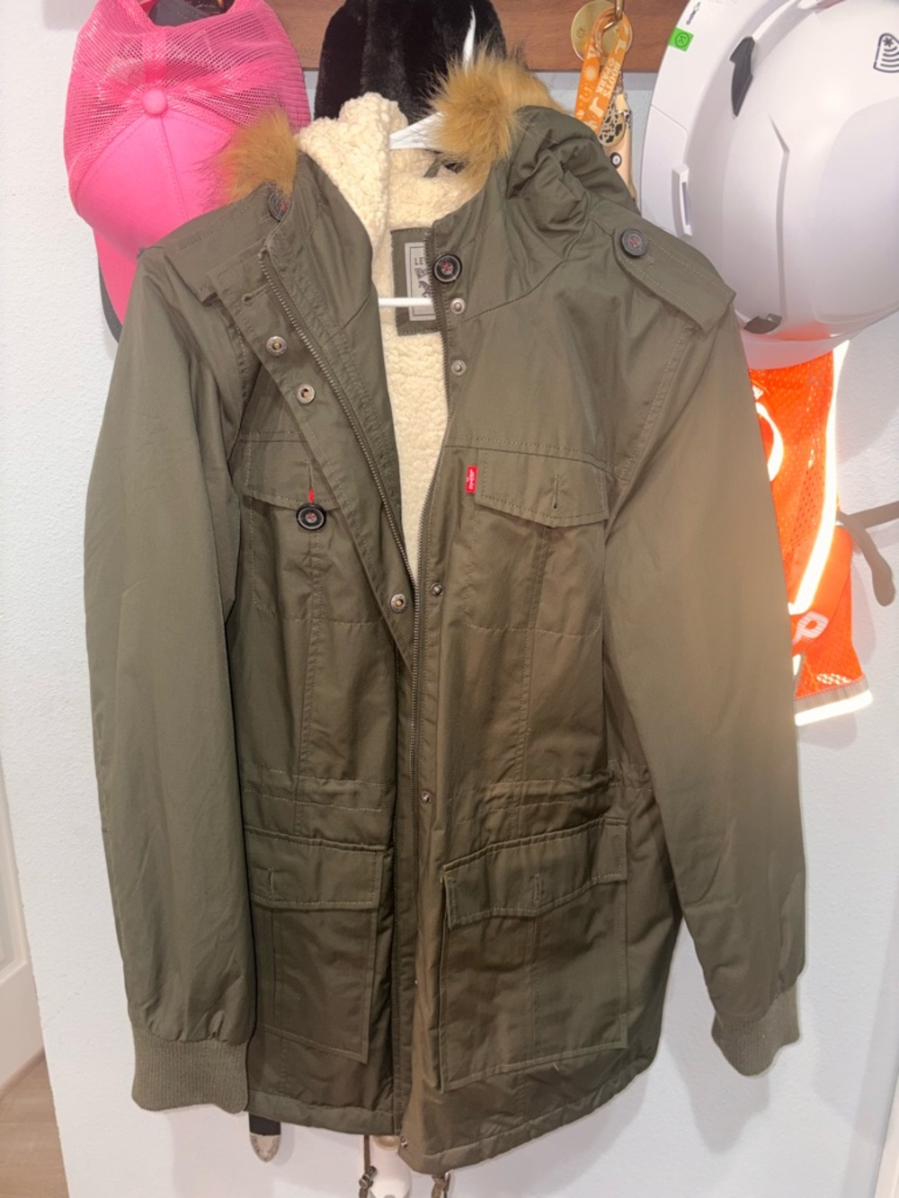 Levi's Olive Green Sherpa-Lined Field Jacket with Faux-Fur Trim